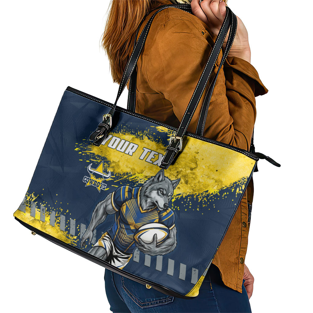Personalised North Queensland Cowboys Rugby Leather Tote Bag Wolf Mascot - Sporty Splash Art Style