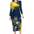 Personalised North Queensland Cowboys Rugby Long Sleeve Bodycon Dress Wolf Mascot - Sporty Splash Art Style