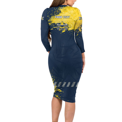 Personalised North Queensland Cowboys Rugby Long Sleeve Bodycon Dress Wolf Mascot - Sporty Splash Art Style