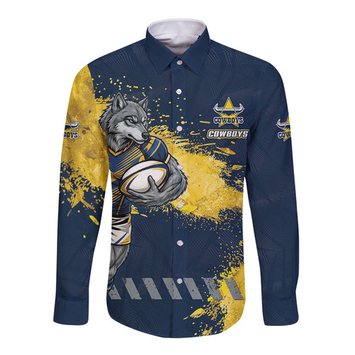 Personalised North Queensland Cowboys Rugby Long Sleeve Button Shirt Wolf Mascot - Sporty Splash Art Style