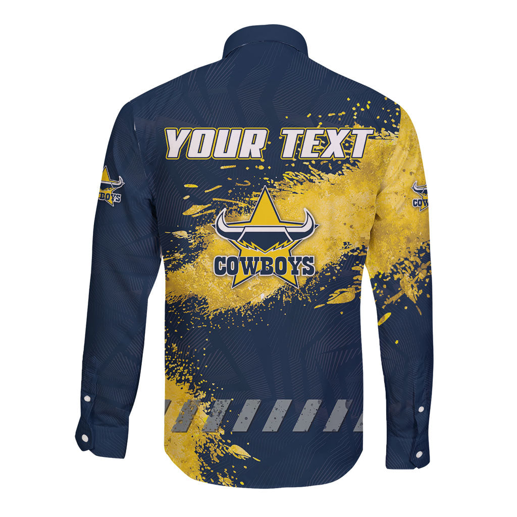 Personalised North Queensland Cowboys Rugby Long Sleeve Button Shirt Wolf Mascot - Sporty Splash Art Style