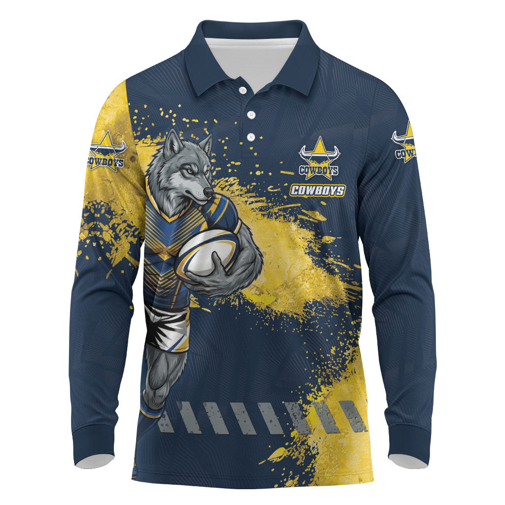 Personalised North Queensland Cowboys Rugby Long Sleeve Polo Shirt Wolf Mascot - Sporty Splash Art Style