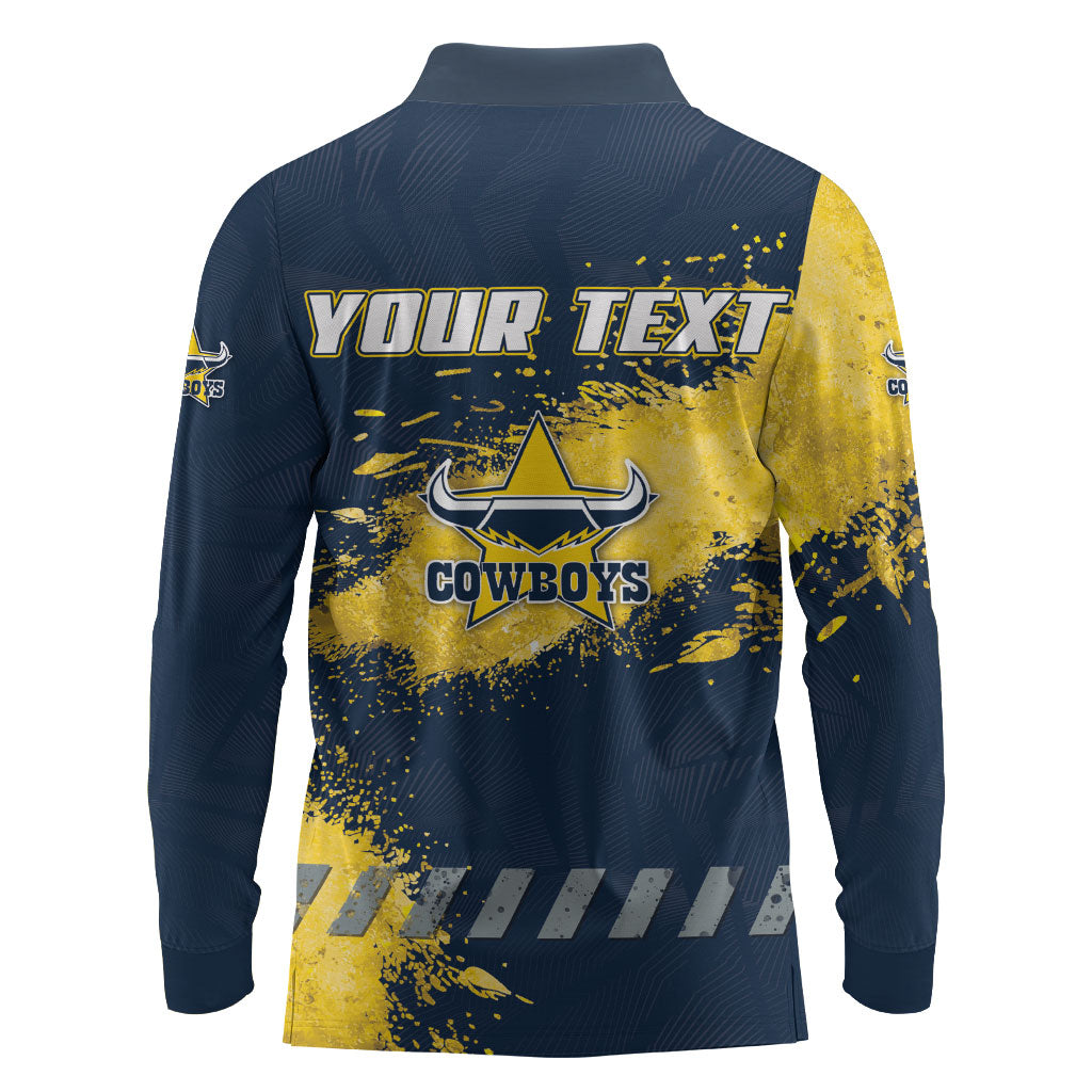 Personalised North Queensland Cowboys Rugby Long Sleeve Polo Shirt Wolf Mascot - Sporty Splash Art Style