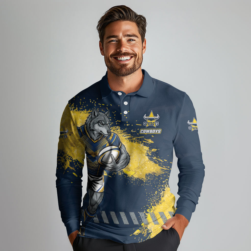 Personalised North Queensland Cowboys Rugby Long Sleeve Polo Shirt Wolf Mascot - Sporty Splash Art Style
