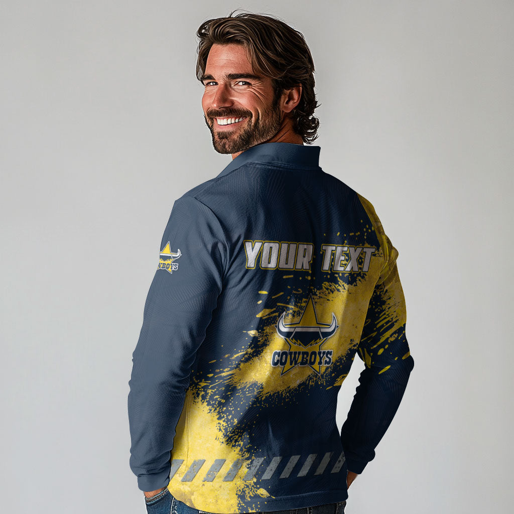 Personalised North Queensland Cowboys Rugby Long Sleeve Polo Shirt Wolf Mascot - Sporty Splash Art Style