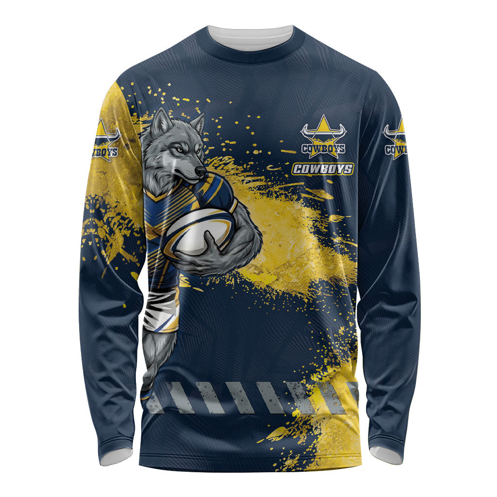 Personalised North Queensland Cowboys Rugby Long Sleeve Shirt Wolf Mascot - Sporty Splash Art Style