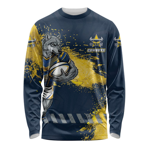 Personalised North Queensland Cowboys Rugby Long Sleeve Shirt Wolf Mascot - Sporty Splash Art Style