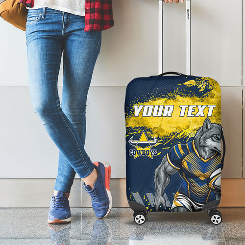 Personalised North Queensland Cowboys Rugby Luggage Cover Wolf Mascot - Sporty Splash Art Style