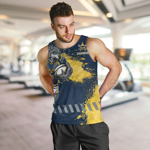 Personalised North Queensland Cowboys Rugby Men Tank Top Wolf Mascot - Sporty Splash Art Style