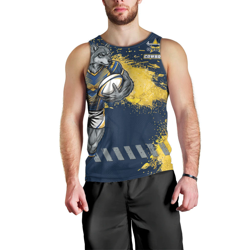 Personalised North Queensland Cowboys Rugby Men Tank Top Wolf Mascot - Sporty Splash Art Style