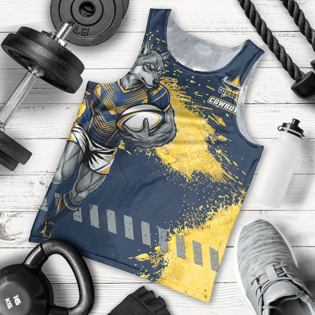 Personalised North Queensland Cowboys Rugby Men Tank Top Wolf Mascot - Sporty Splash Art Style