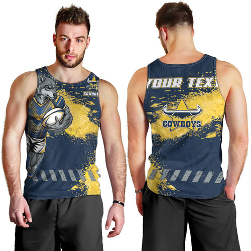 Personalised North Queensland Cowboys Rugby Men Tank Top Wolf Mascot - Sporty Splash Art Style