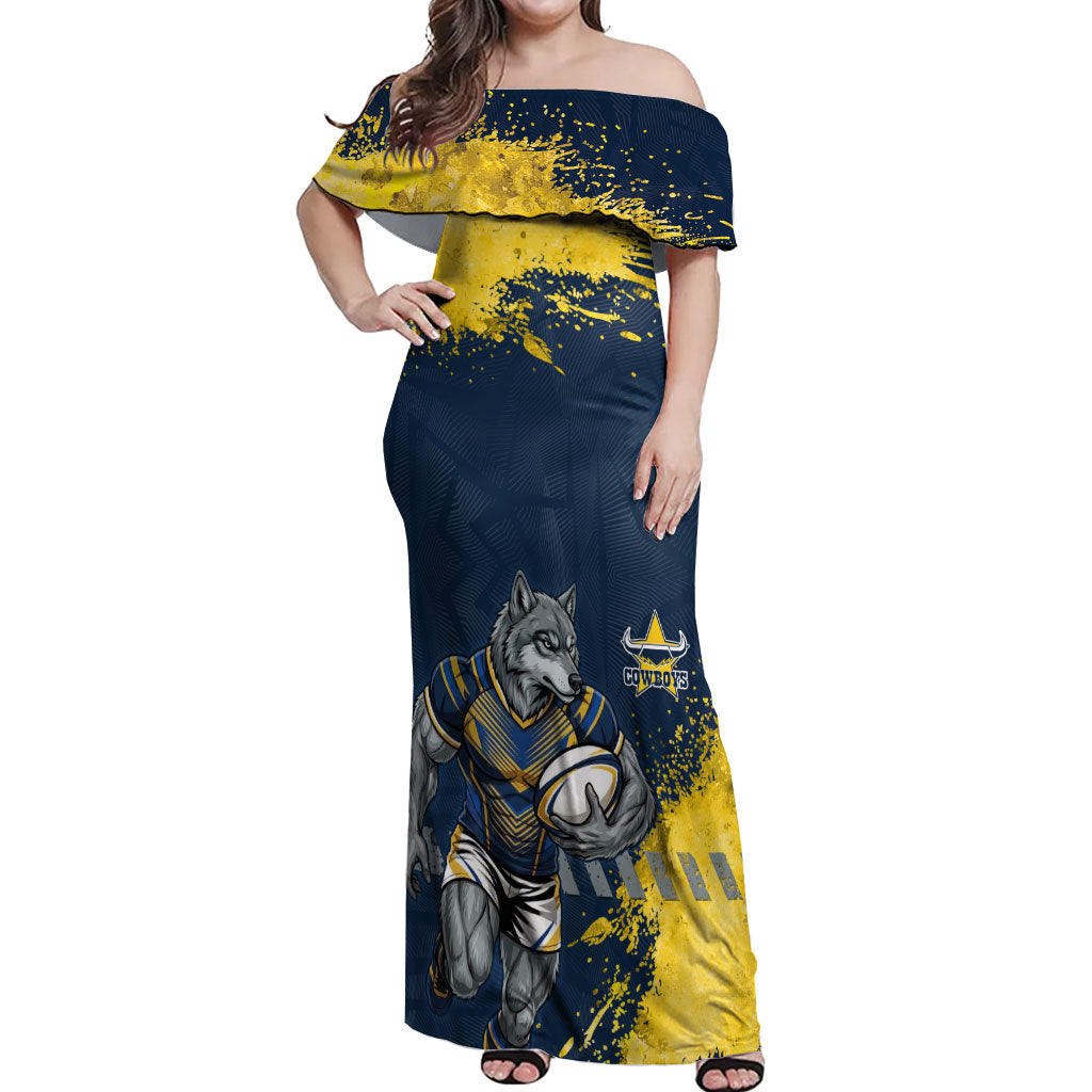 Personalised North Queensland Cowboys Rugby Off Shoulder Maxi Dress Wolf Mascot - Sporty Splash Art Style