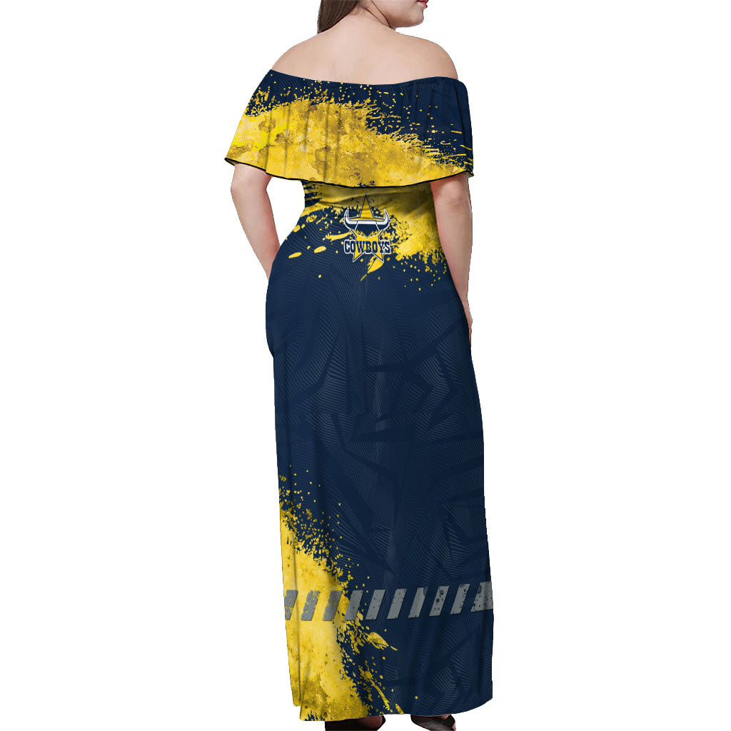 Personalised North Queensland Cowboys Rugby Off Shoulder Maxi Dress Wolf Mascot - Sporty Splash Art Style