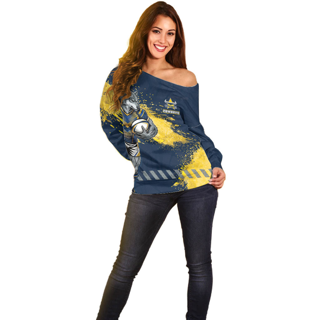 Personalised North Queensland Cowboys Rugby Off Shoulder Sweater Wolf Mascot - Sporty Splash Art Style