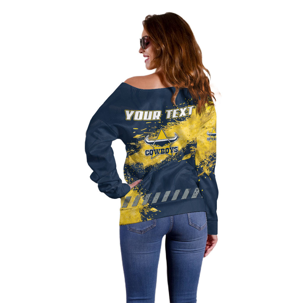 Personalised North Queensland Cowboys Rugby Off Shoulder Sweater Wolf Mascot - Sporty Splash Art Style
