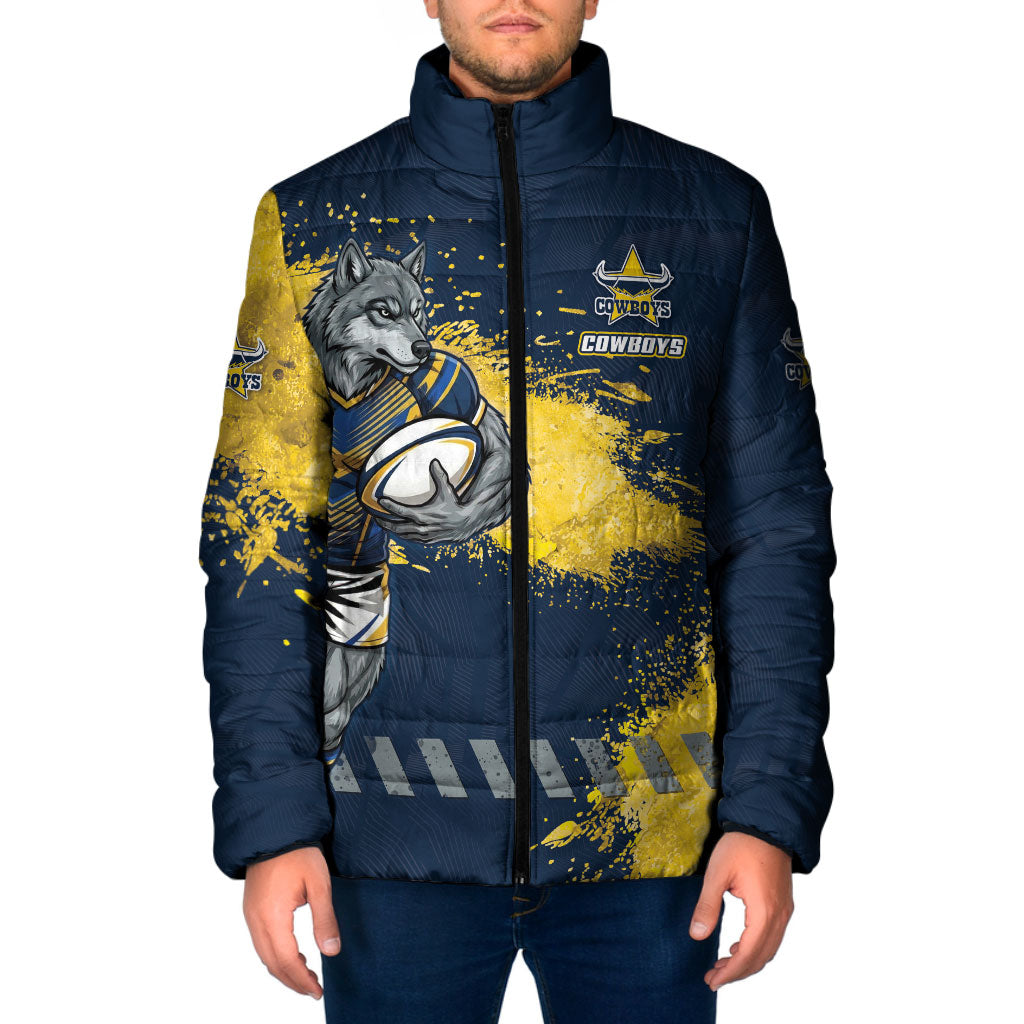 Personalised North Queensland Cowboys Rugby Padded Jacket Wolf Mascot - Sporty Splash Art Style