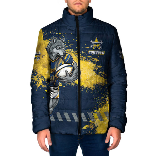 Personalised North Queensland Cowboys Rugby Padded Jacket Wolf Mascot - Sporty Splash Art Style