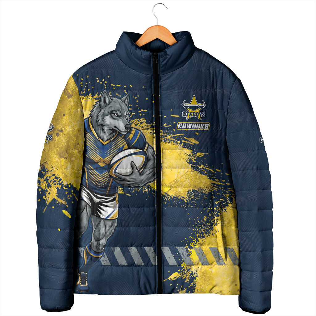 Personalised North Queensland Cowboys Rugby Padded Jacket Wolf Mascot - Sporty Splash Art Style