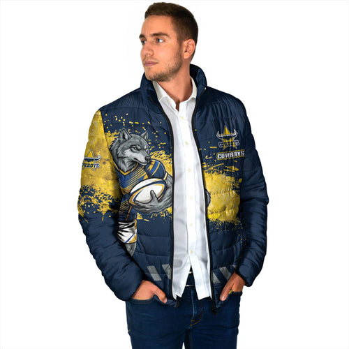 Personalised North Queensland Cowboys Rugby Padded Jacket Wolf Mascot - Sporty Splash Art Style