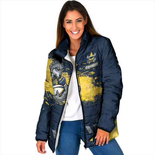 Personalised North Queensland Cowboys Rugby Padded Jacket Wolf Mascot - Sporty Splash Art Style