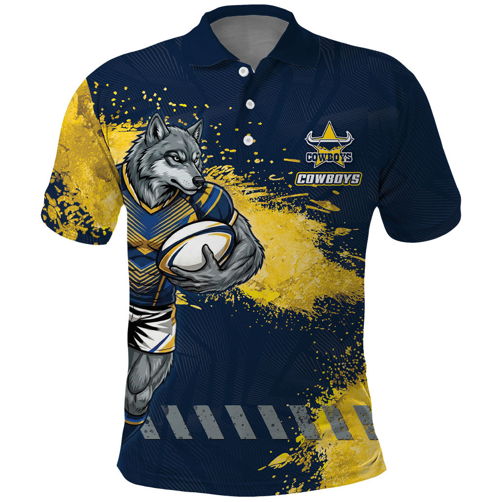 Personalised North Queensland Cowboys Rugby Polo Shirt Wolf Mascot - Sporty Splash Art Style