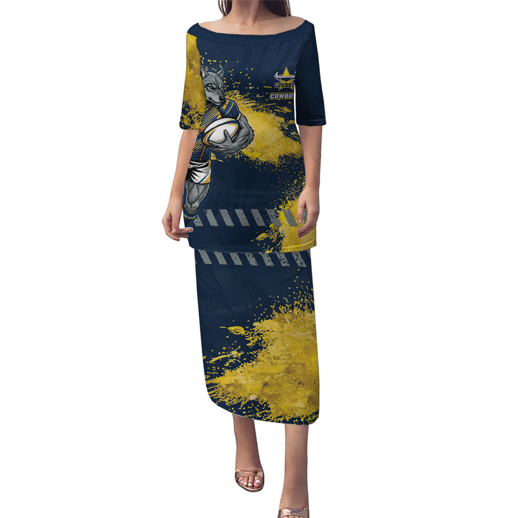 Personalised North Queensland Cowboys Rugby Puletasi Wolf Mascot - Sporty Splash Art Style