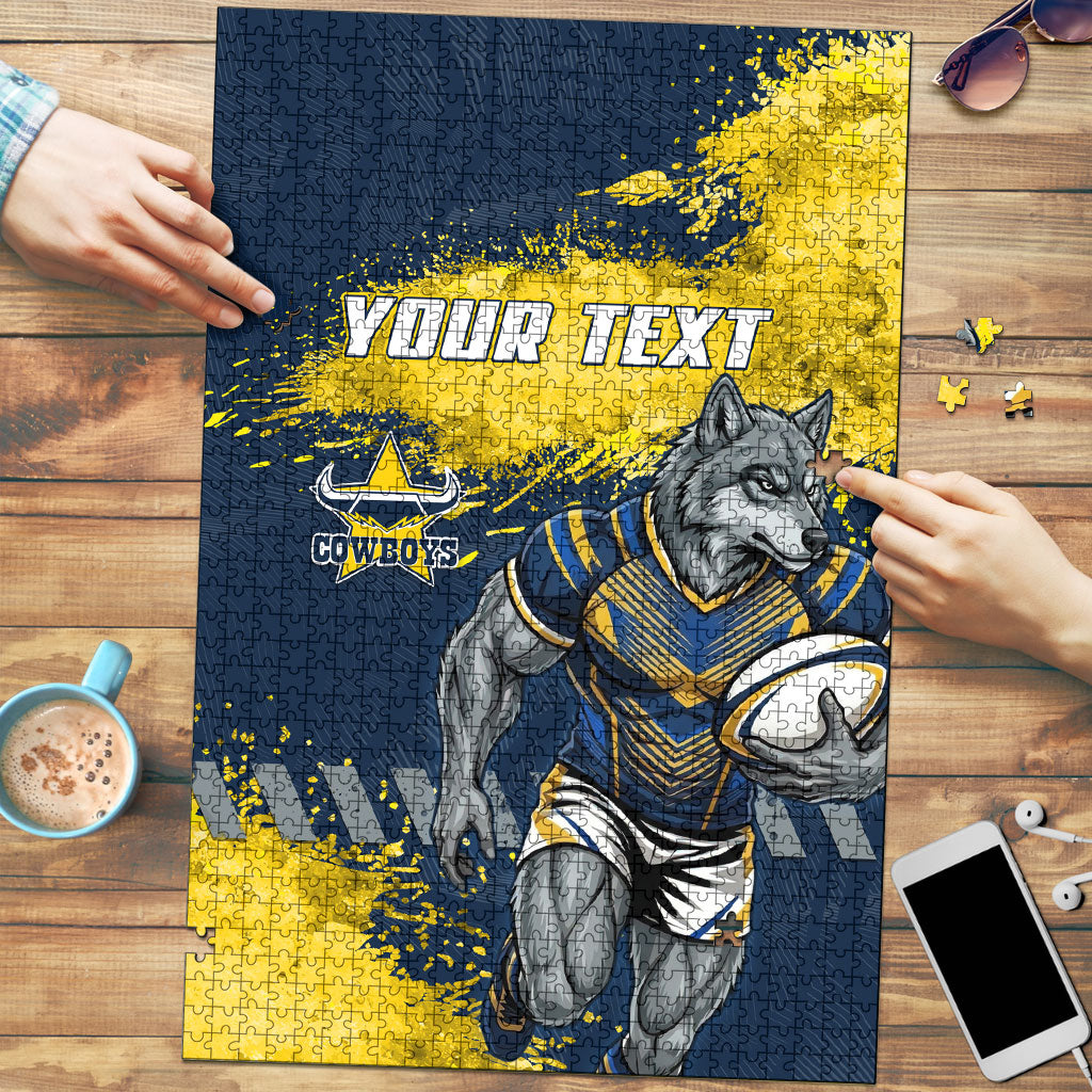 Personalised North Queensland Cowboys Rugby Puzzle Wolf Mascot - Sporty Splash Art Style