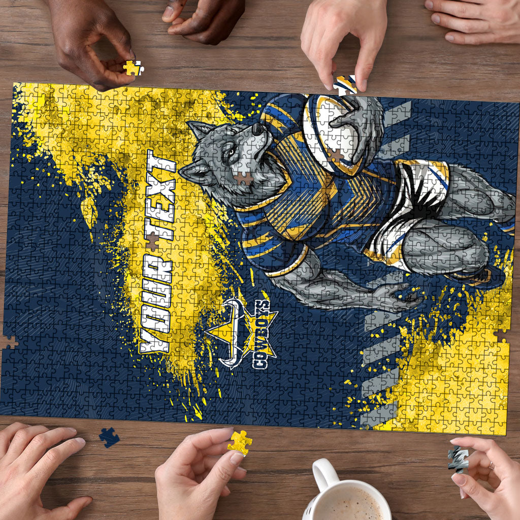 Personalised North Queensland Cowboys Rugby Puzzle Wolf Mascot - Sporty Splash Art Style