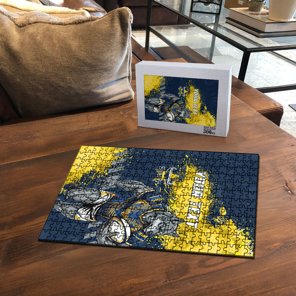 Personalised North Queensland Cowboys Rugby Puzzle Wolf Mascot - Sporty Splash Art Style