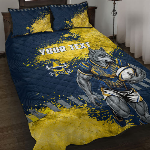 Personalised North Queensland Cowboys Rugby Quilt Bed Set Wolf Mascot - Sporty Splash Art Style