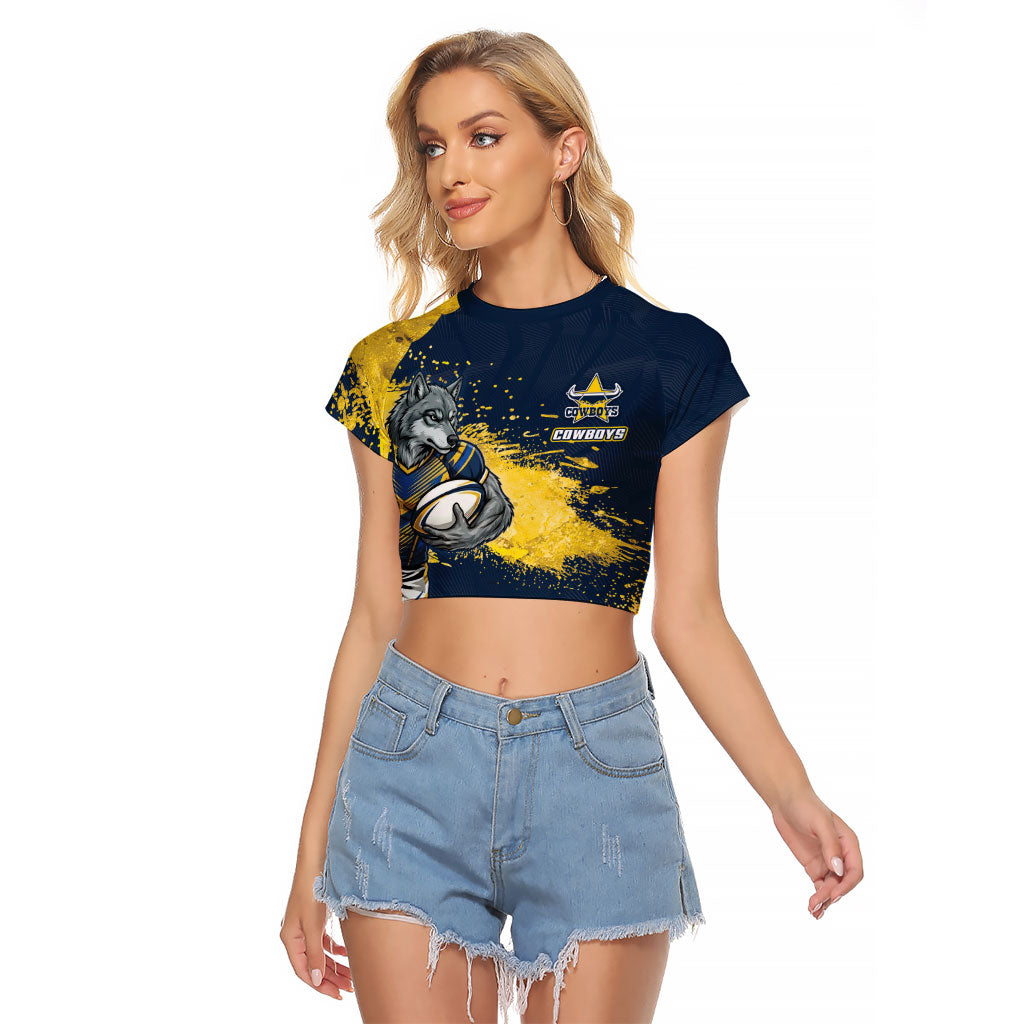 Personalised North Queensland Cowboys Rugby Raglan Cropped T Shirt Wolf Mascot - Sporty Splash Art Style
