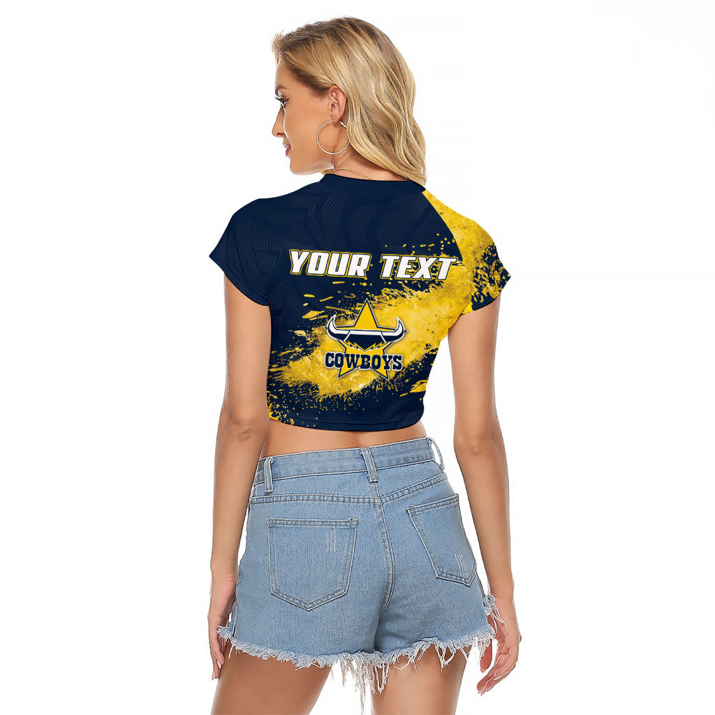Personalised North Queensland Cowboys Rugby Raglan Cropped T Shirt Wolf Mascot - Sporty Splash Art Style