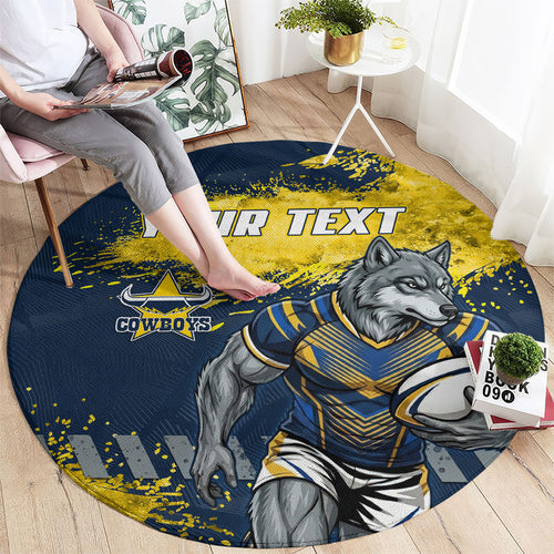 Personalised North Queensland Cowboys Rugby Round Carpet Wolf Mascot - Sporty Splash Art Style