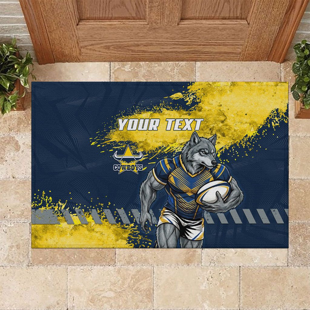 Personalised North Queensland Cowboys Rugby Rubber Doormat Wolf Mascot - Sporty Splash Art Style