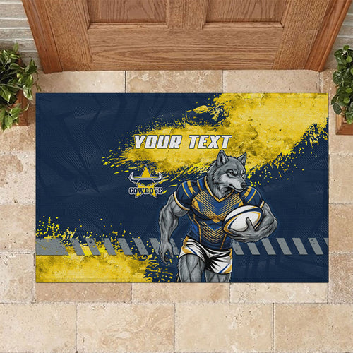 Personalised North Queensland Cowboys Rugby Rubber Doormat Wolf Mascot - Sporty Splash Art Style