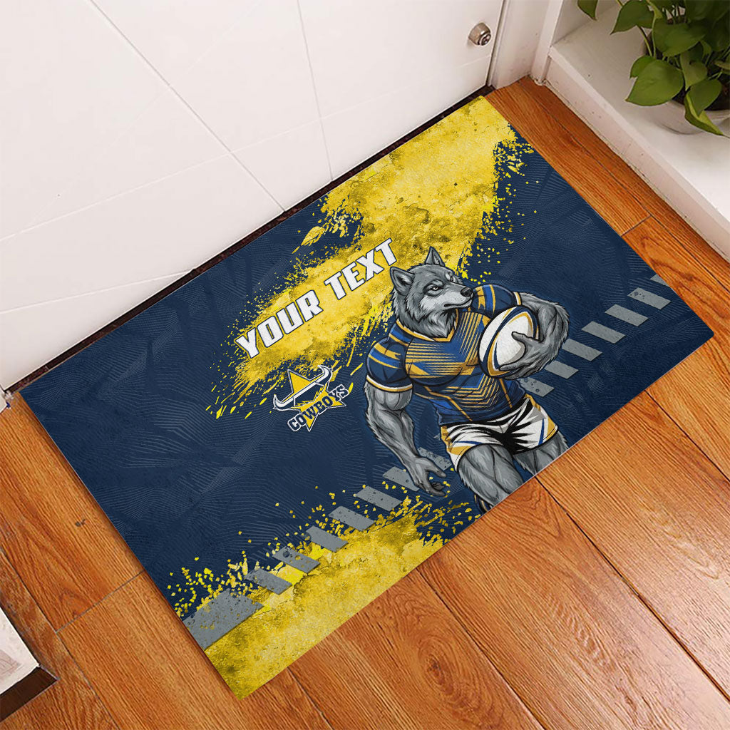 Personalised North Queensland Cowboys Rugby Rubber Doormat Wolf Mascot - Sporty Splash Art Style