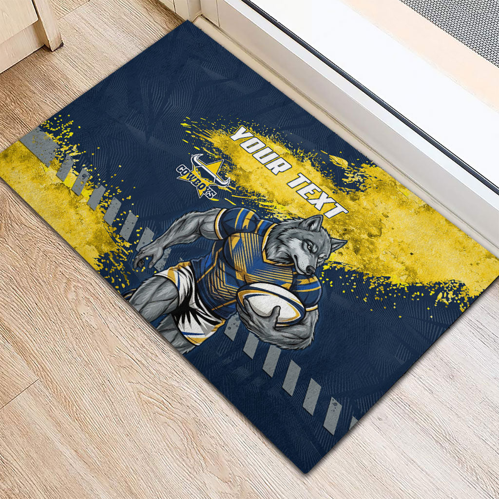 Personalised North Queensland Cowboys Rugby Rubber Doormat Wolf Mascot - Sporty Splash Art Style