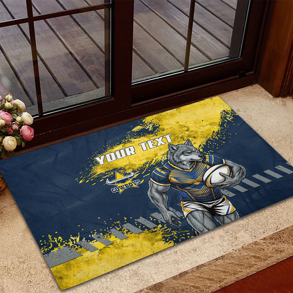 Personalised North Queensland Cowboys Rugby Rubber Doormat Wolf Mascot - Sporty Splash Art Style