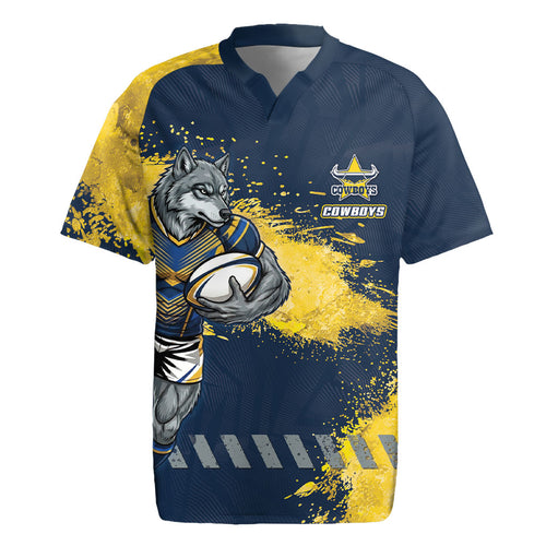 Personalised North Queensland Cowboys Rugby Rugby Jersey Wolf Mascot - Sporty Splash Art Style
