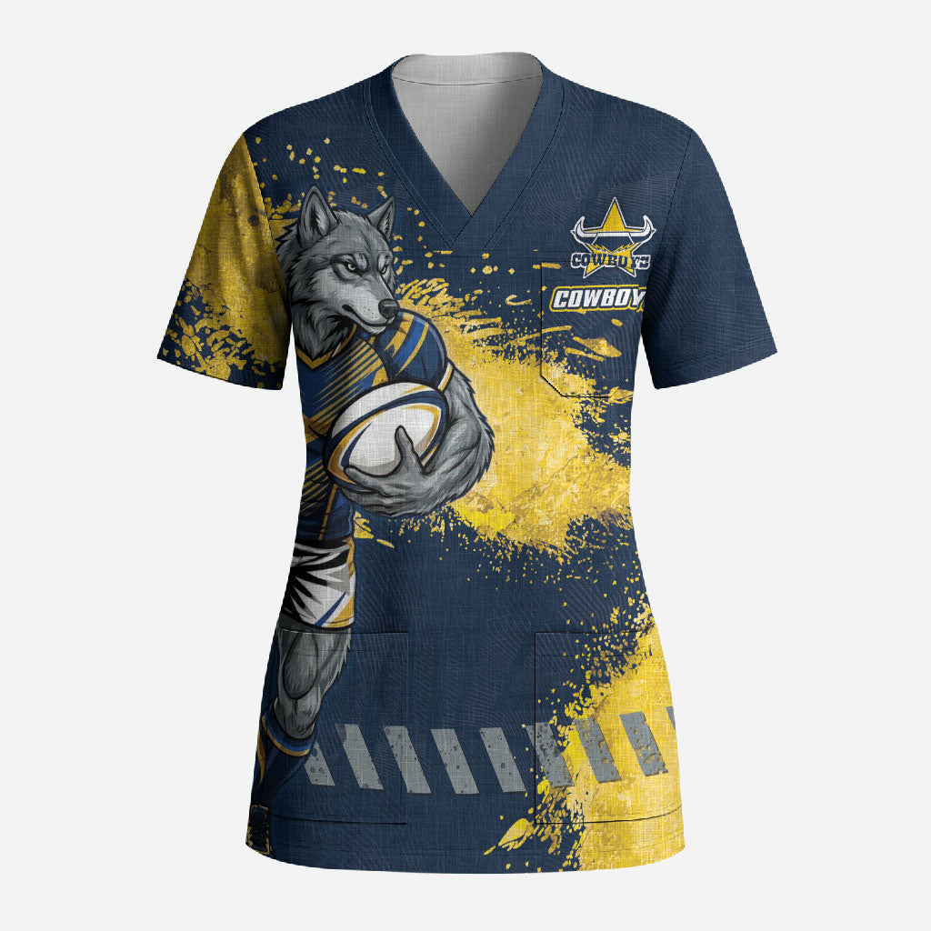 Personalised North Queensland Cowboys Rugby Scrub Top Wolf Mascot - Sporty Splash Art Style