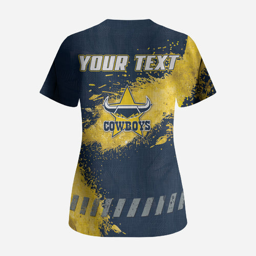 Personalised North Queensland Cowboys Rugby Scrub Top Wolf Mascot - Sporty Splash Art Style