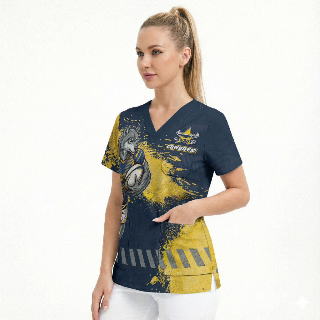 Personalised North Queensland Cowboys Rugby Scrub Top Wolf Mascot - Sporty Splash Art Style