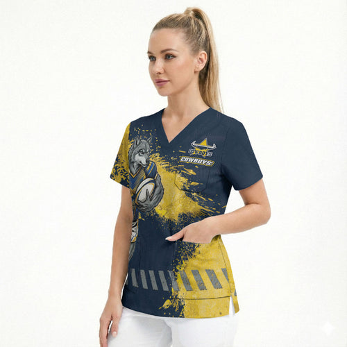 Personalised North Queensland Cowboys Rugby Scrub Top Wolf Mascot - Sporty Splash Art Style