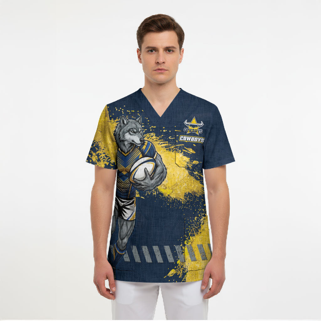 Personalised North Queensland Cowboys Rugby Scrub Top Wolf Mascot - Sporty Splash Art Style