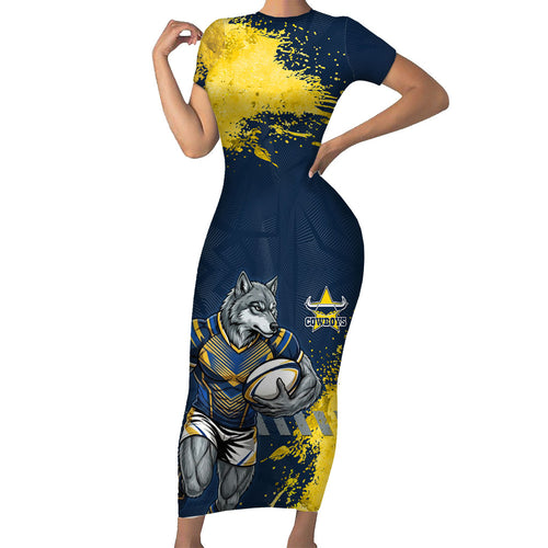 Personalised North Queensland Cowboys Rugby Short Sleeve Bodycon Dress Wolf Mascot - Sporty Splash Art Style