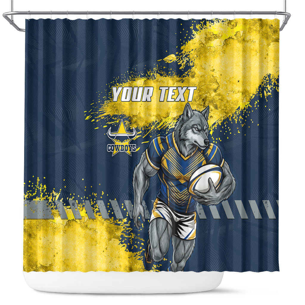 Personalised North Queensland Cowboys Rugby Shower Curtain Wolf Mascot - Sporty Splash Art Style