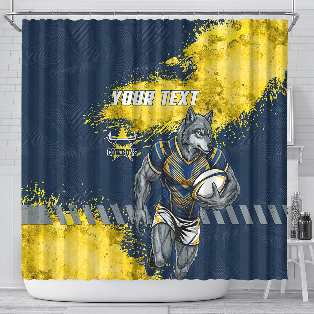 Personalised North Queensland Cowboys Rugby Shower Curtain Wolf Mascot - Sporty Splash Art Style