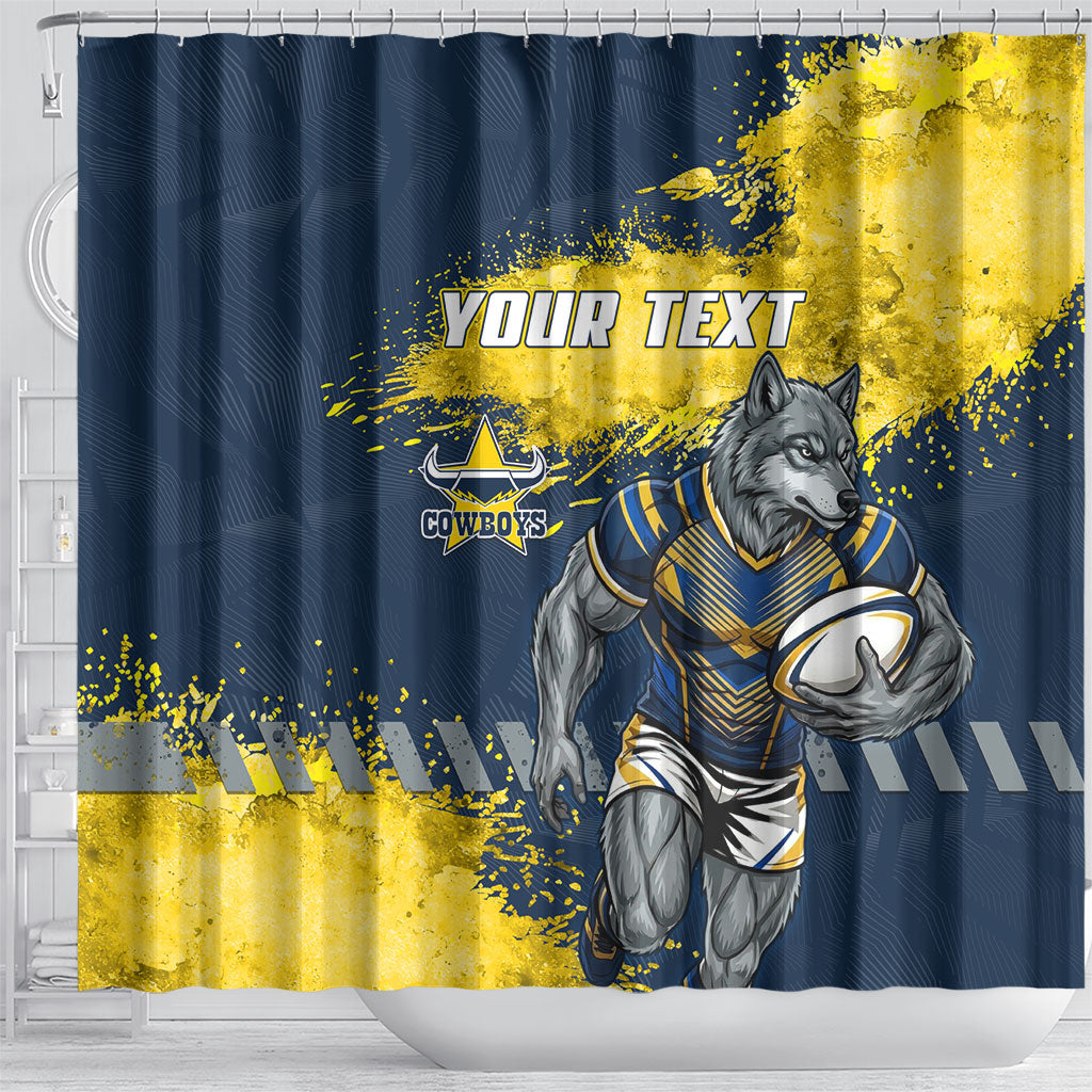 Personalised North Queensland Cowboys Rugby Shower Curtain Wolf Mascot - Sporty Splash Art Style