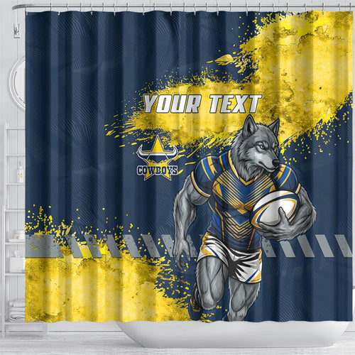 Personalised North Queensland Cowboys Rugby Shower Curtain Wolf Mascot - Sporty Splash Art Style